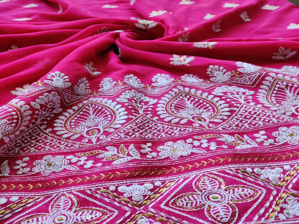 fuschia-pink-georgette-with-white-lakhnawi-thread-golden-zari-embroidery