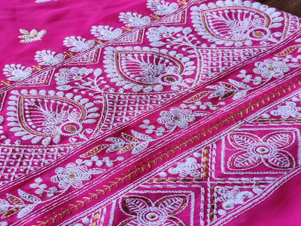 fuschia-pink-georgette-with-white-lakhnawi-thread-golden-zari-embroidery