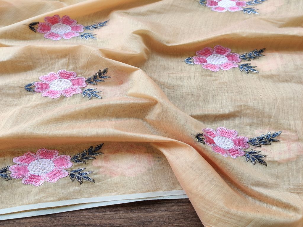 yellow-chanderi-fabric-with-pink-embroidered-floral-motifs-allover