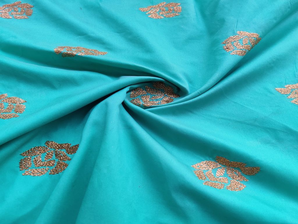 turquoise-green-taffeta-silk-with-gold-sequins-rose-embroidered-motifs