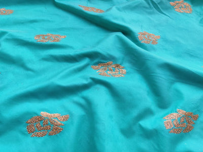 turquoise-green-taffeta-silk-with-gold-sequins-rose-embroidered-motifs