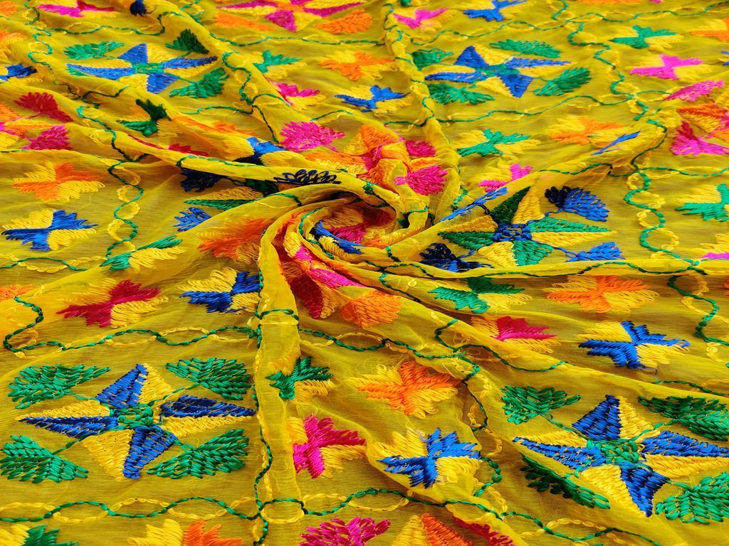 precut-2-metre-yellow-multicolour-floral-phulkari-chiffon-with-golden-border
