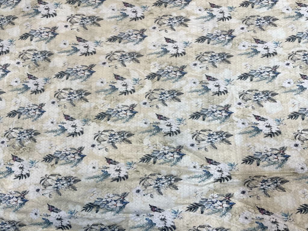 Off White Floral Printed Dobby Silk Fabric