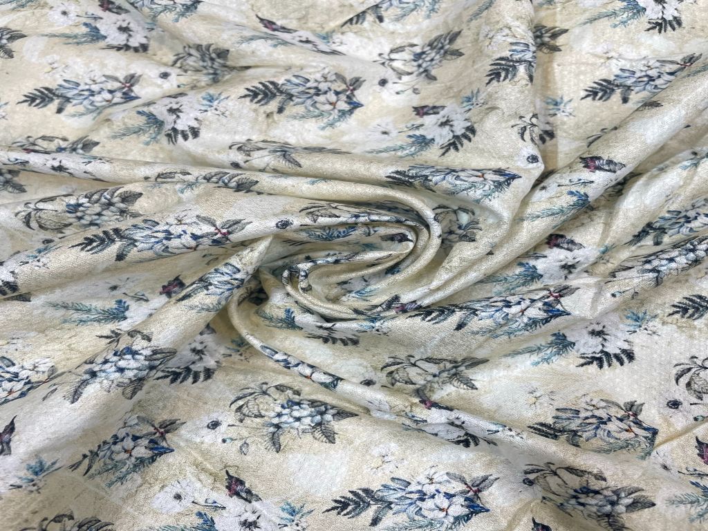 Off White Floral Printed Dobby Silk Fabric