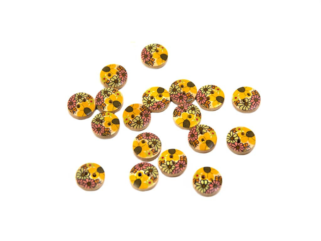 Yellow Green Floral Printed 2 Hole Wooden Buttons