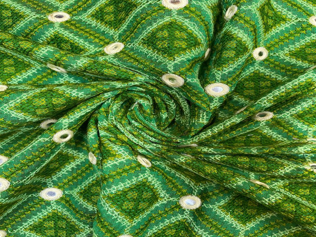 Green Silk Geometric Pure Chanderi Embroidered Fabric