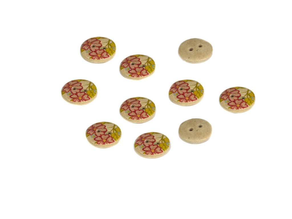 Pink Yellow Floral Printed 2 Hole Wooden Buttons