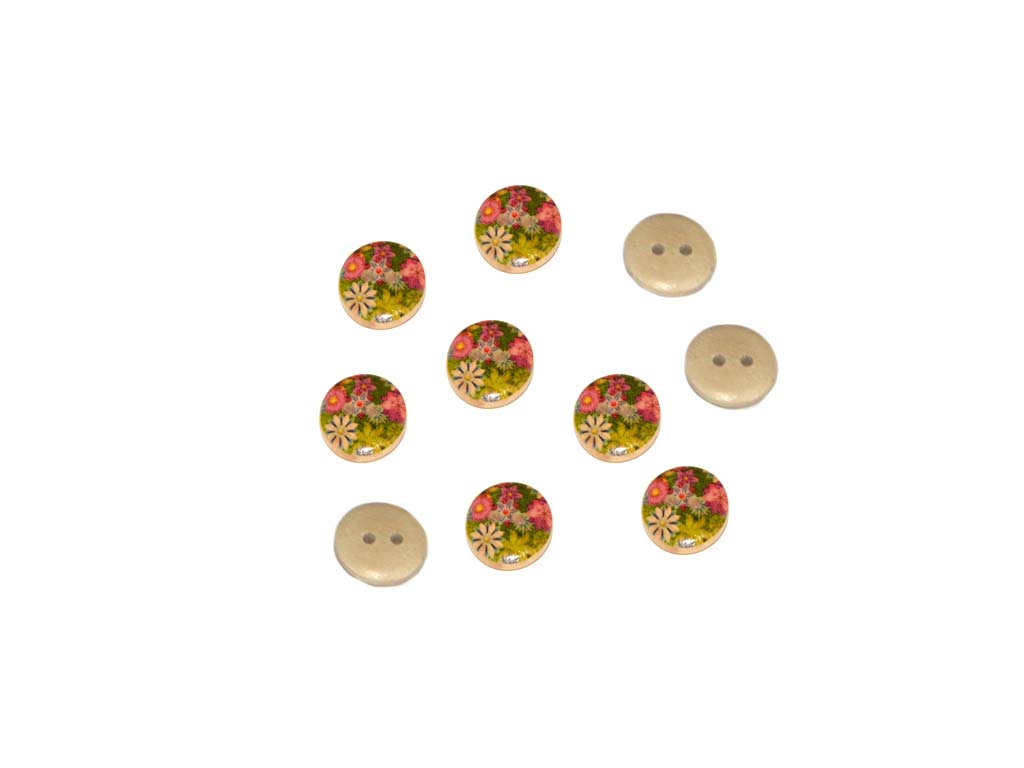 Pink Green Floral Printed 2 Hole Wooden Buttons