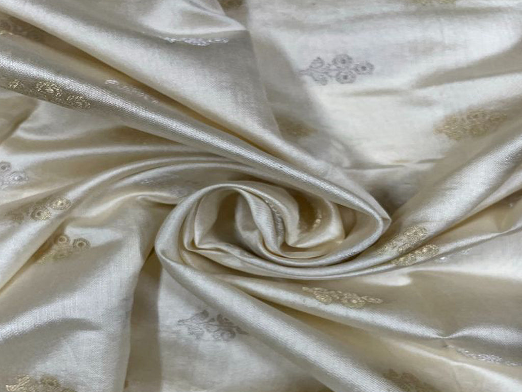 White Golden Zari  Silver Floral Dyeable Pure Chenia Silk Fabric