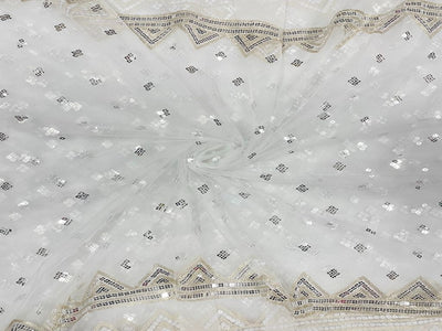 White Silver Geometric Motifs Dyeable Embroidered Net Fabric