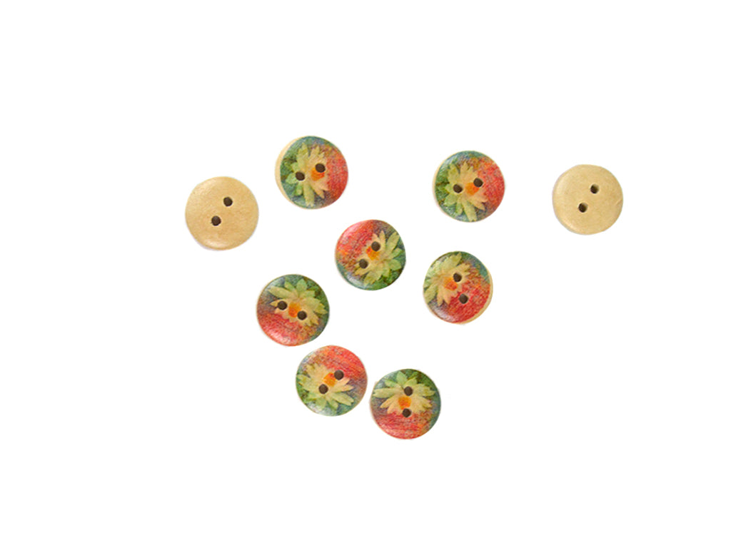 Red Green Floral Printed 2 Hole Wooden Buttons