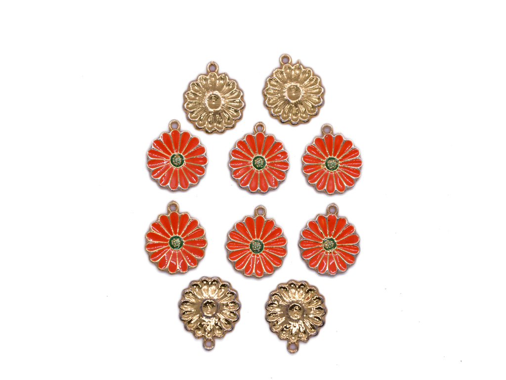 Orange Dark Green Flower Shaped Metal Charms