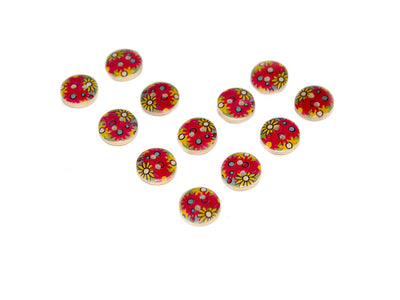 Red Yellow Floral Printed 2 Hole Wooden Buttons