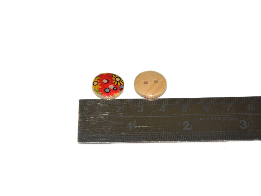 Red Yellow Floral Printed 2 Hole Wooden Buttons