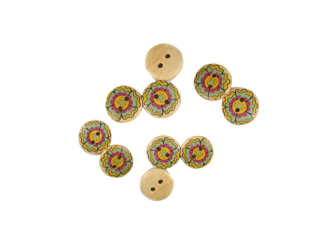 Yellow Turquoise Floral Printed 2 Hole Wooden Buttons