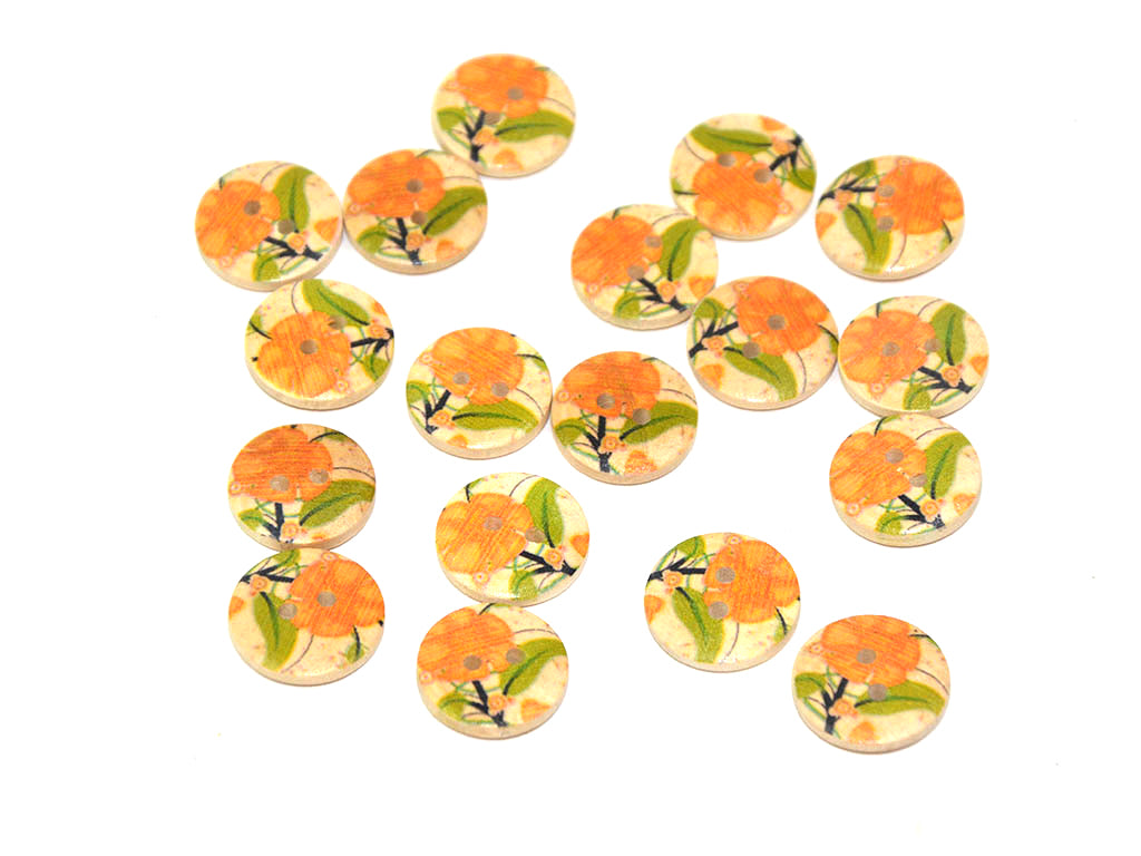 Orange Green Floral Printed 2 Hole Wooden Buttons