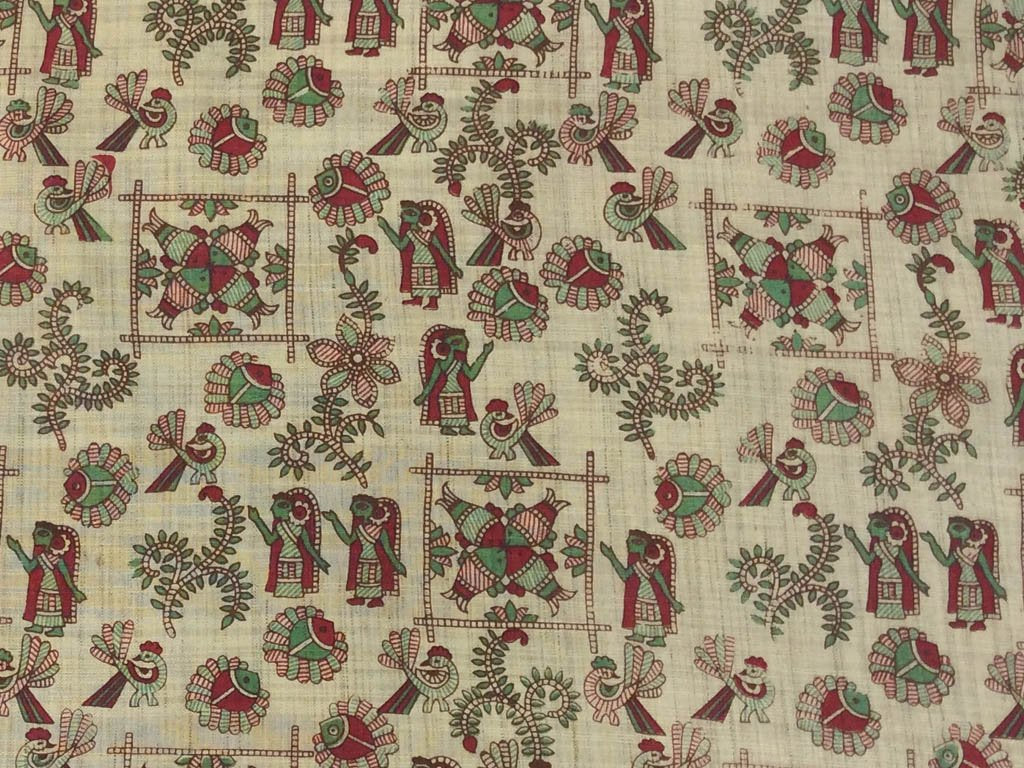 Beige Multicolour Objects Madhubani Printed Khadi Fabric