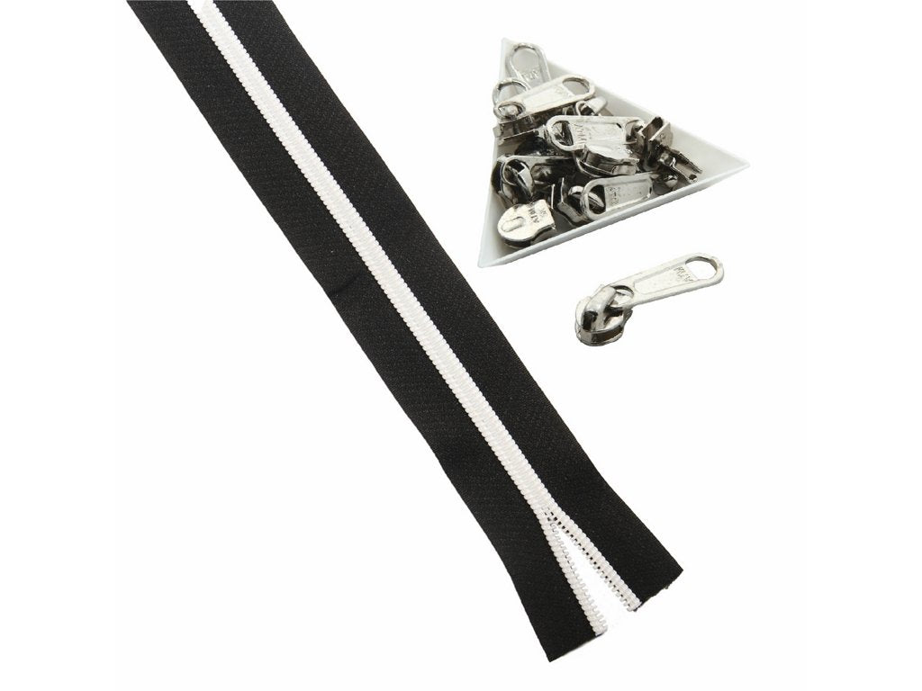 black-with-white-nylon-sewing-zippers-1-38-inch-and-steel-zip-pullers-for-making-bags-utilities