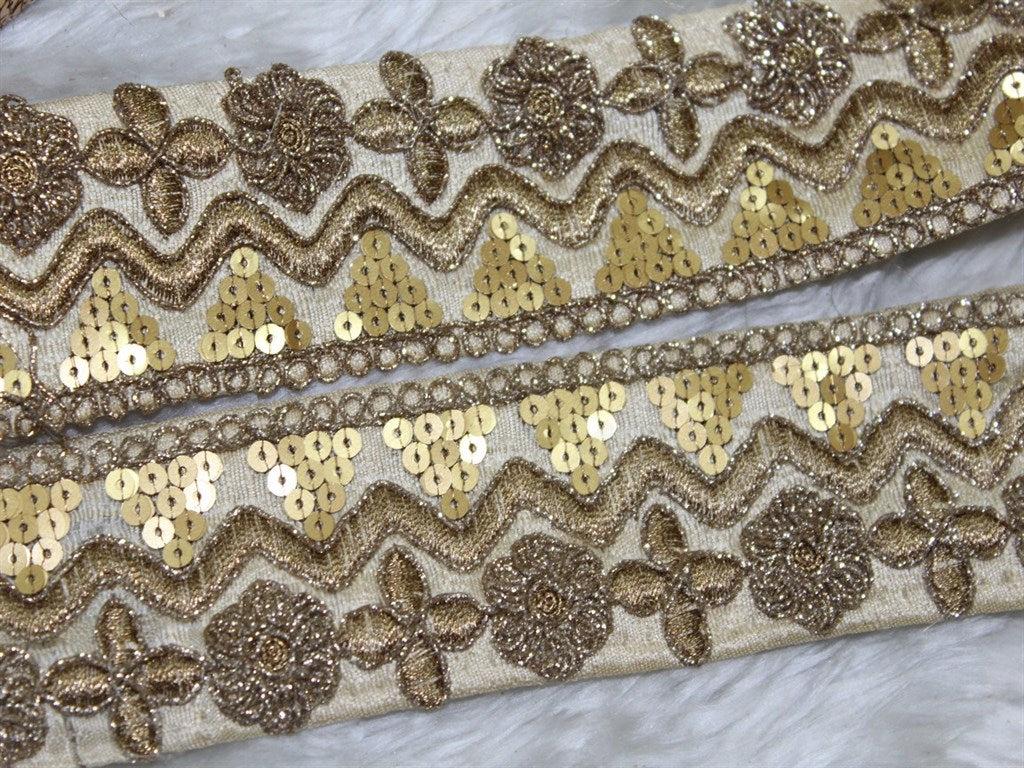 Beige Golden Embellished Sequins Embroidered Border | The Design Cart (4333382631493)