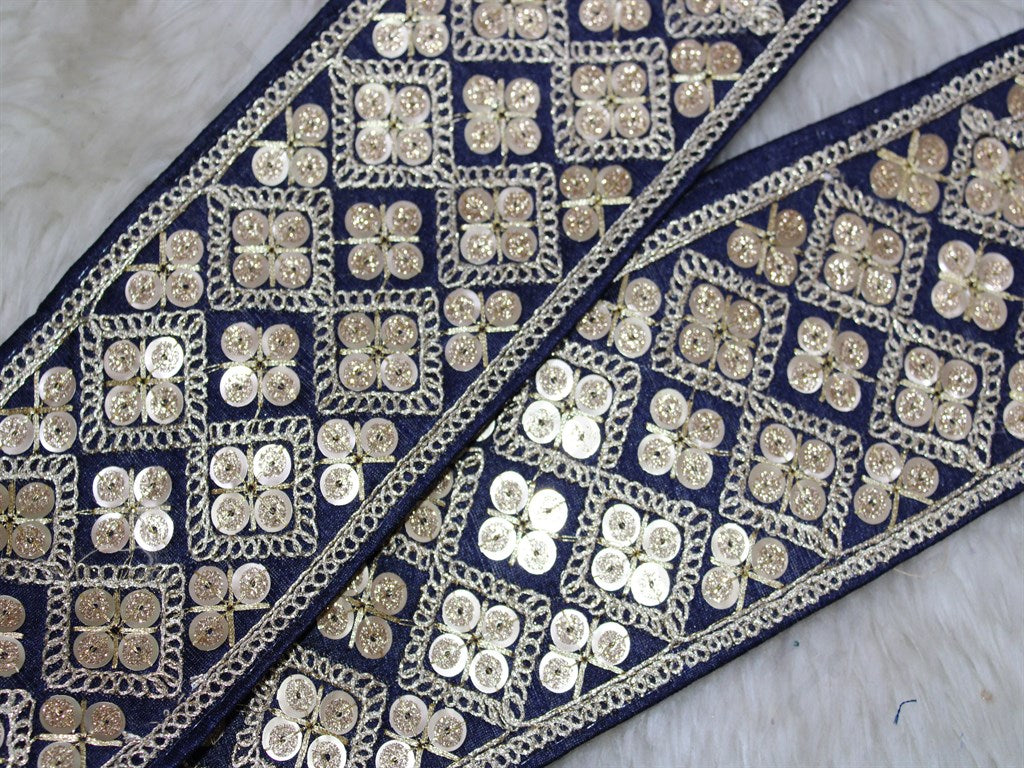 Navy Blue Fancy Zari and Sequins Work Embroidered Borders | The Design Cart (3681371029538)