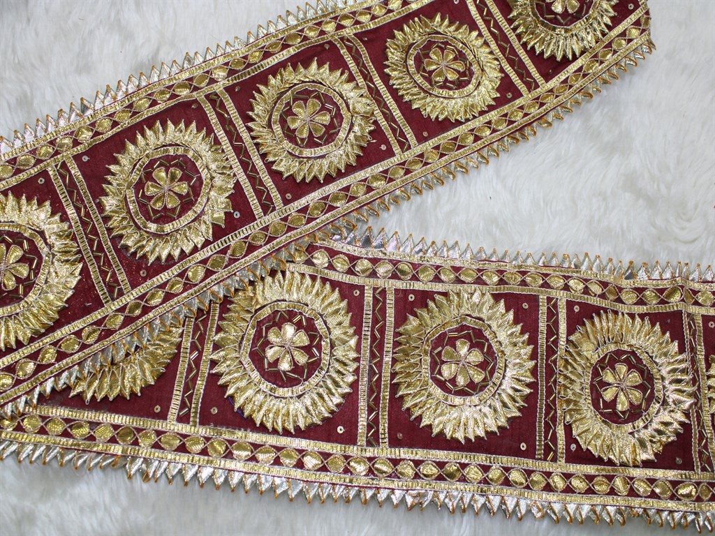 Maroon Geometric Gota Trim Embroidered Lace | The Design Cart (4345062654021)