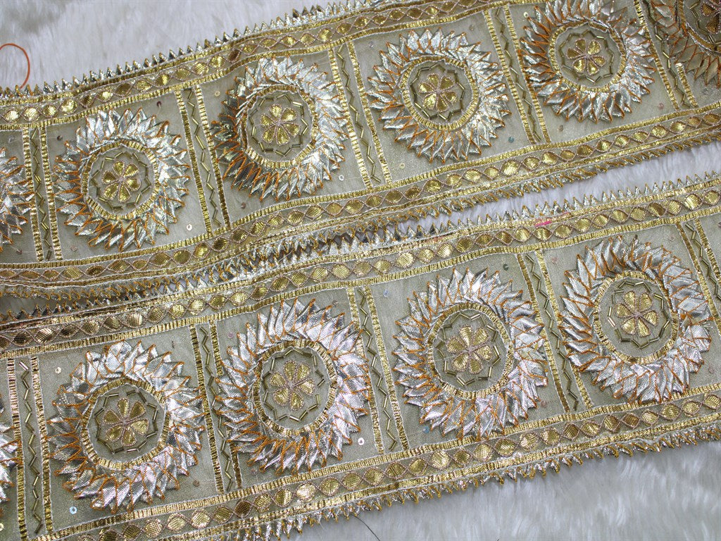 Golden Geometric Gota Trim Embroidered Lace | The Design Cart (4345062686789)