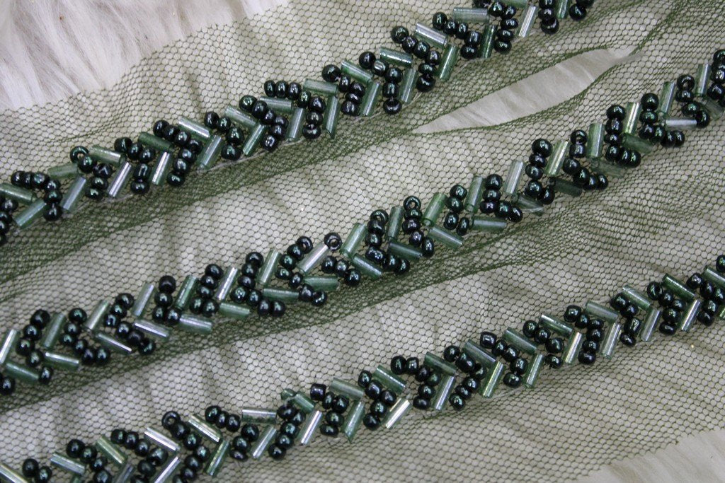 Dark Green Embellished Hand Beads Work Embroidered Lace (4481188266053)