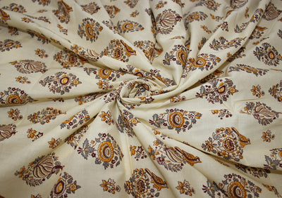 Cream Floral Hand Block Printed Pure Cotton Fabric