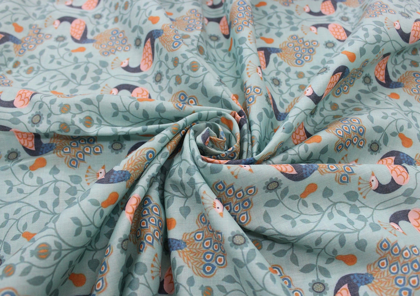 Mint Green Traditional Digital Printed Cotton Slub Fabric