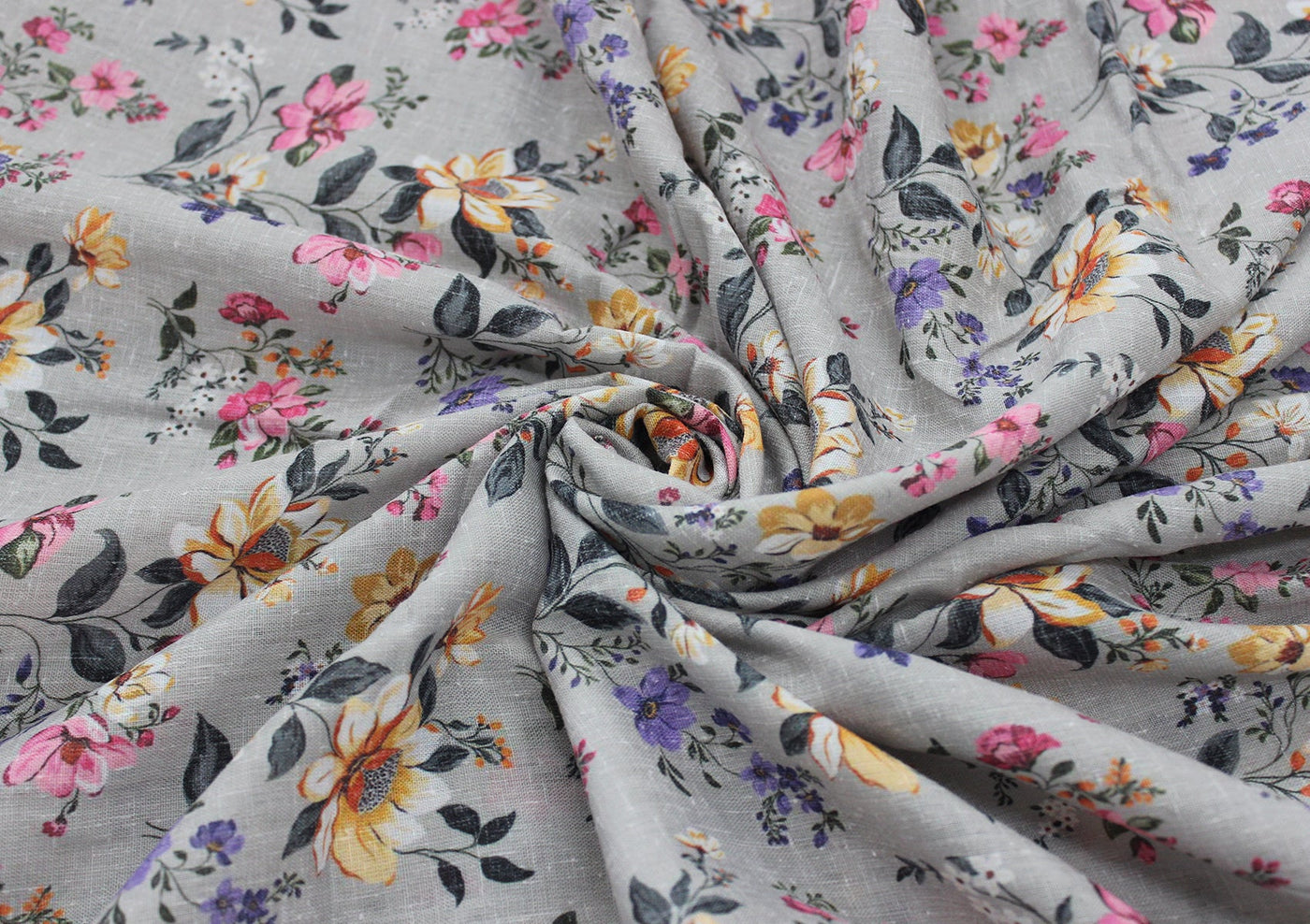 Gray Floral Digital Printed Cotton Slub Fabric