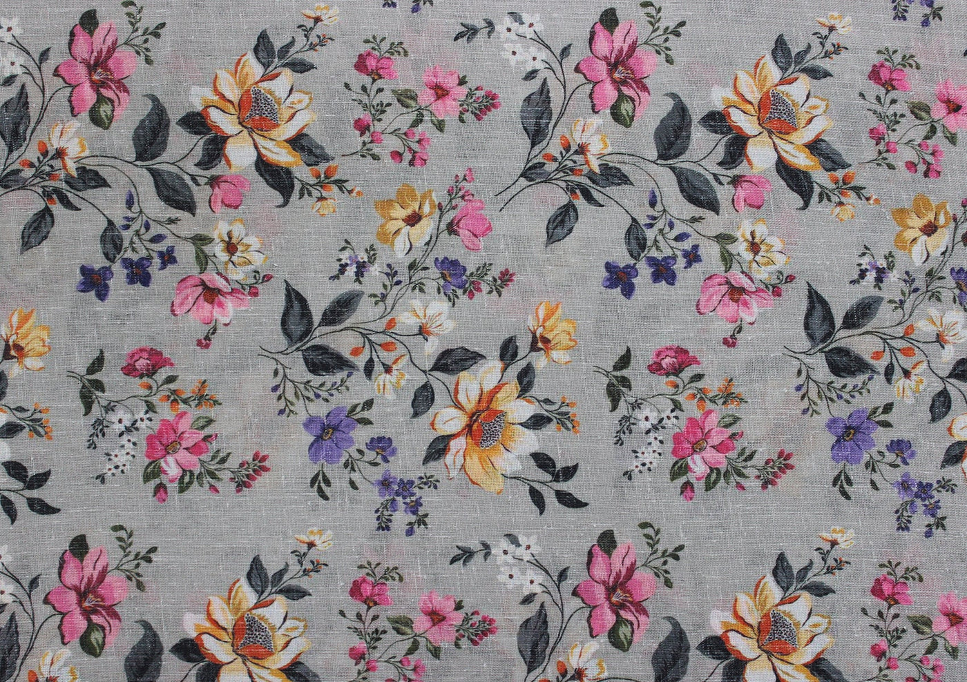 Gray Floral Digital Printed Cotton Slub Fabric