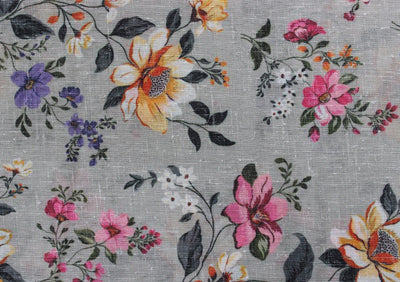 Gray Floral Digital Printed Cotton Slub Fabric