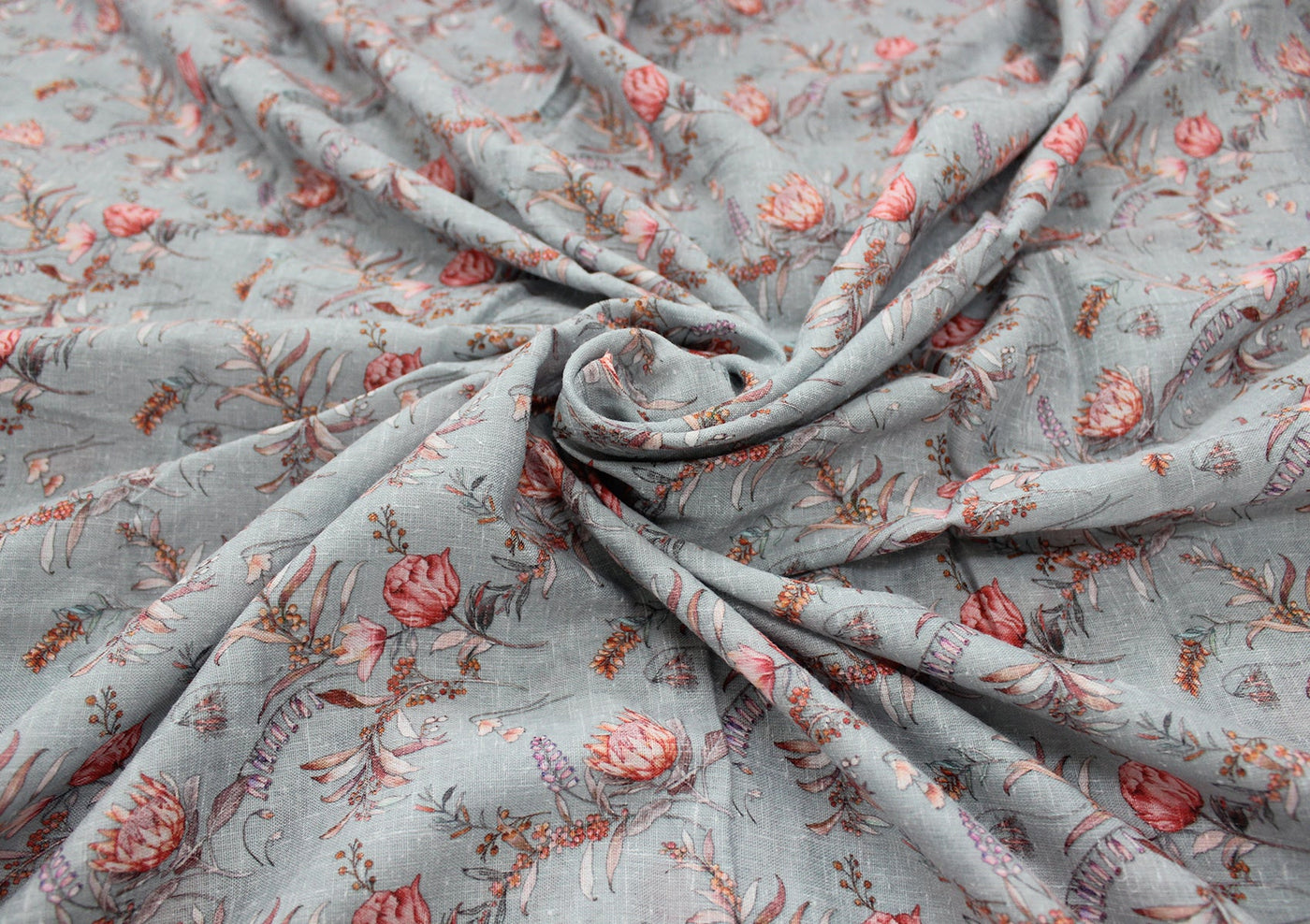 Gray Floral Digital Printed Cotton Slub Fabric