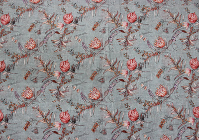 Gray Floral Digital Printed Cotton Slub Fabric