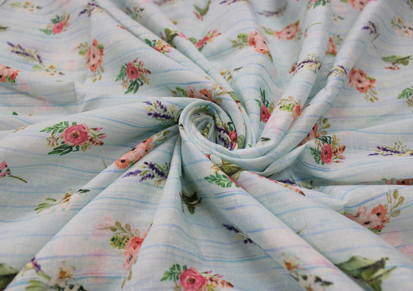 Sky Blue Floral Digital Printed Cotton Slub Fabric