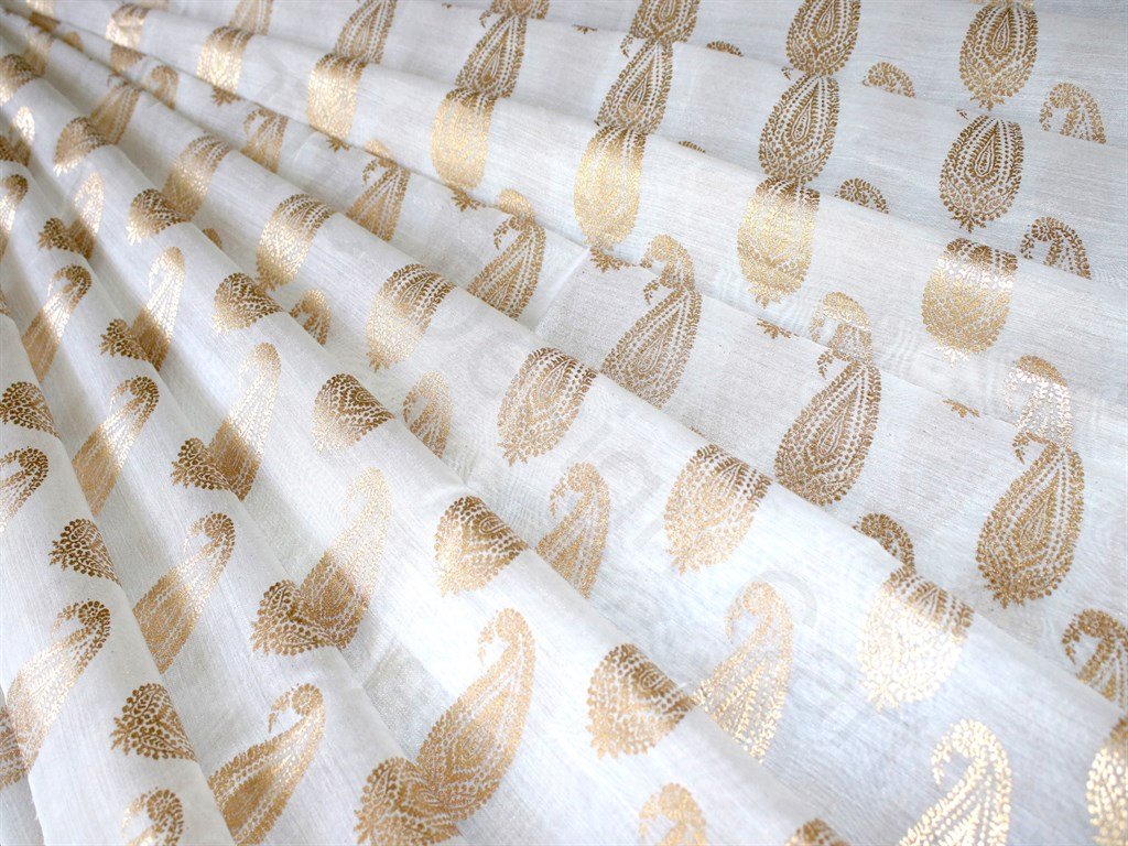 White Beige Paisleys Chanderi Silk Fabric (1815509172258)