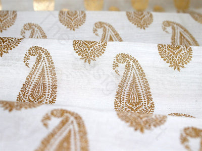 White Beige Paisleys Chanderi Silk Fabric (1815509172258)
