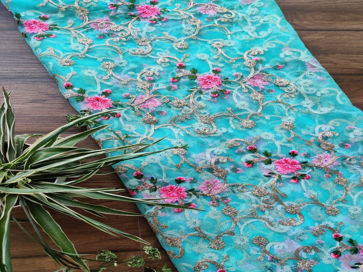 Blue Floral Dori And Thread Embroidered Net Fabric