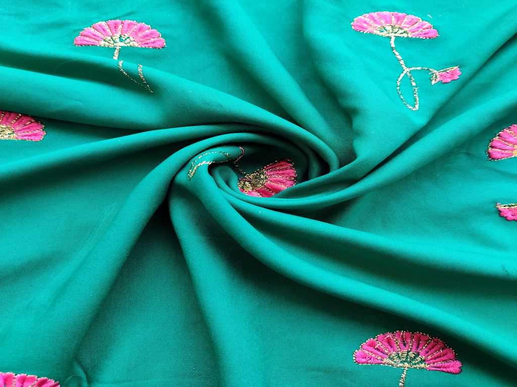 green-rayon-fabric-with-pink-embroidered-flowers-allover