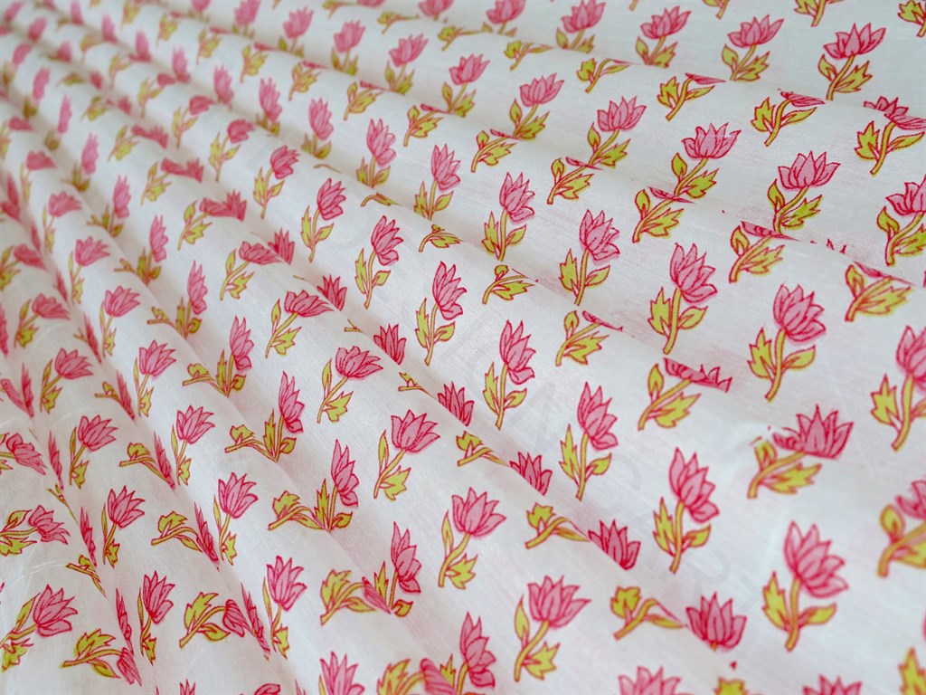 White Pink Floral Polyester Chanderi Fabric | The Design Cart (4263315996741)