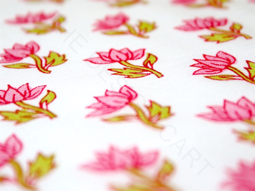 White Pink Floral Polyester Chanderi Fabric | The Design Cart (4263315996741)