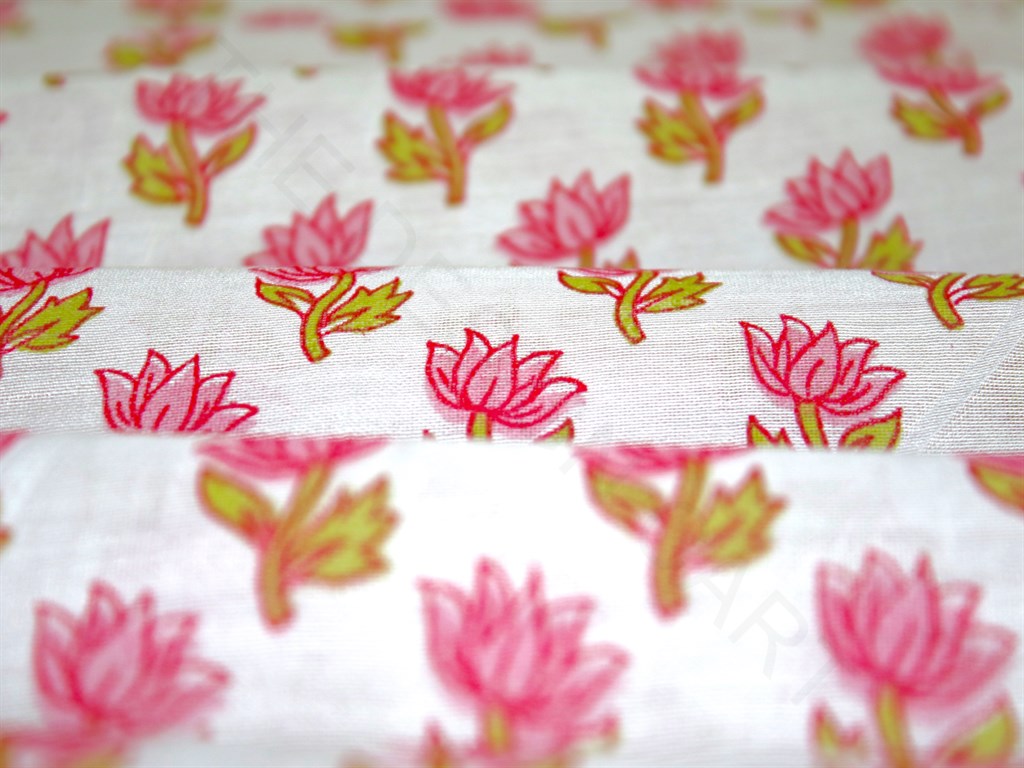 White Pink Floral Polyester Chanderi Fabric | The Design Cart (4263315996741)