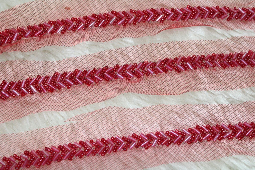 Magenta Pink Embellished Hand Beads Work Embroidered Lace (4481188429893)