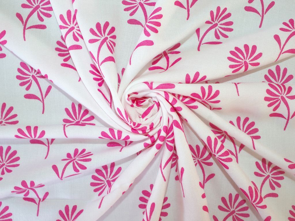 White Pink Flowers Pure Viscose Rayon Fabric (4516579475525)