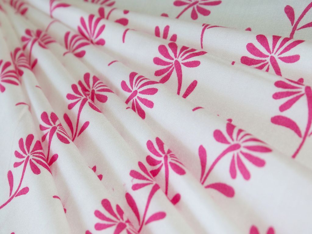 White Pink Flowers Pure Viscose Rayon Fabric (4516579475525)