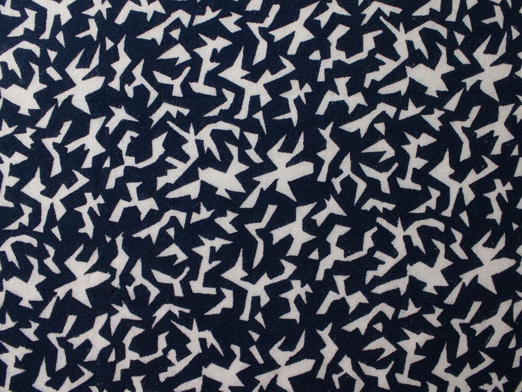 Navy Blue White Abstract Pure Viscose Rayon Fabric (4528886972485)