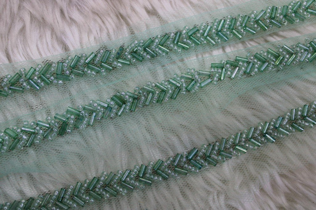Sea Green Embellished Hand Beads Work Embroidered Lace (4481188167749)