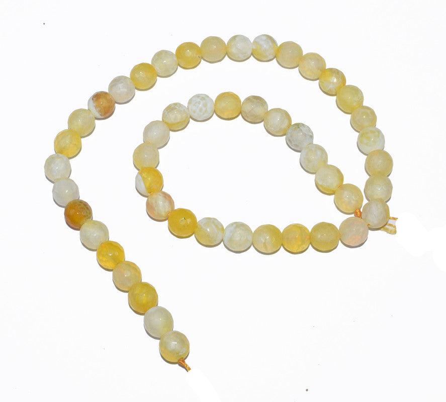 Light Yellow & White Gemstone Faceted Round Fire Agate Loose Beads