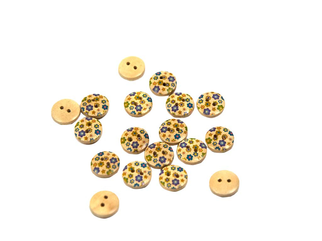 Blue Multicolour Floral Printed 2 Hole Wooden Buttons