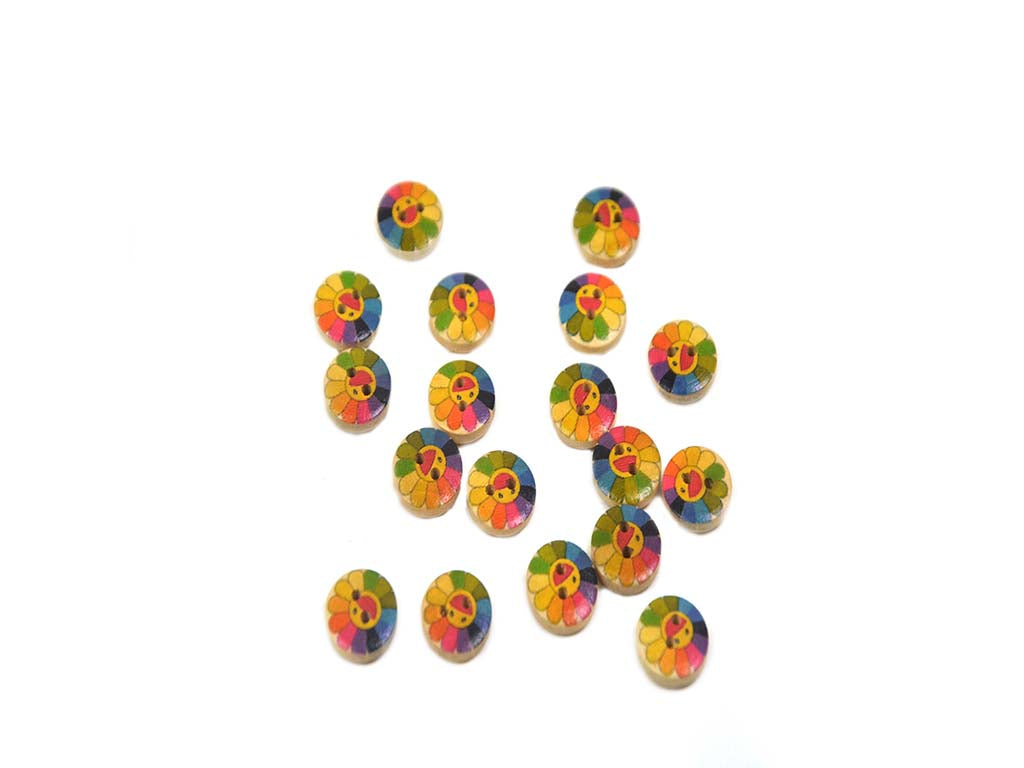 Multicolour Smiley Face Floral Printed 2 Hole Wooden Buttons